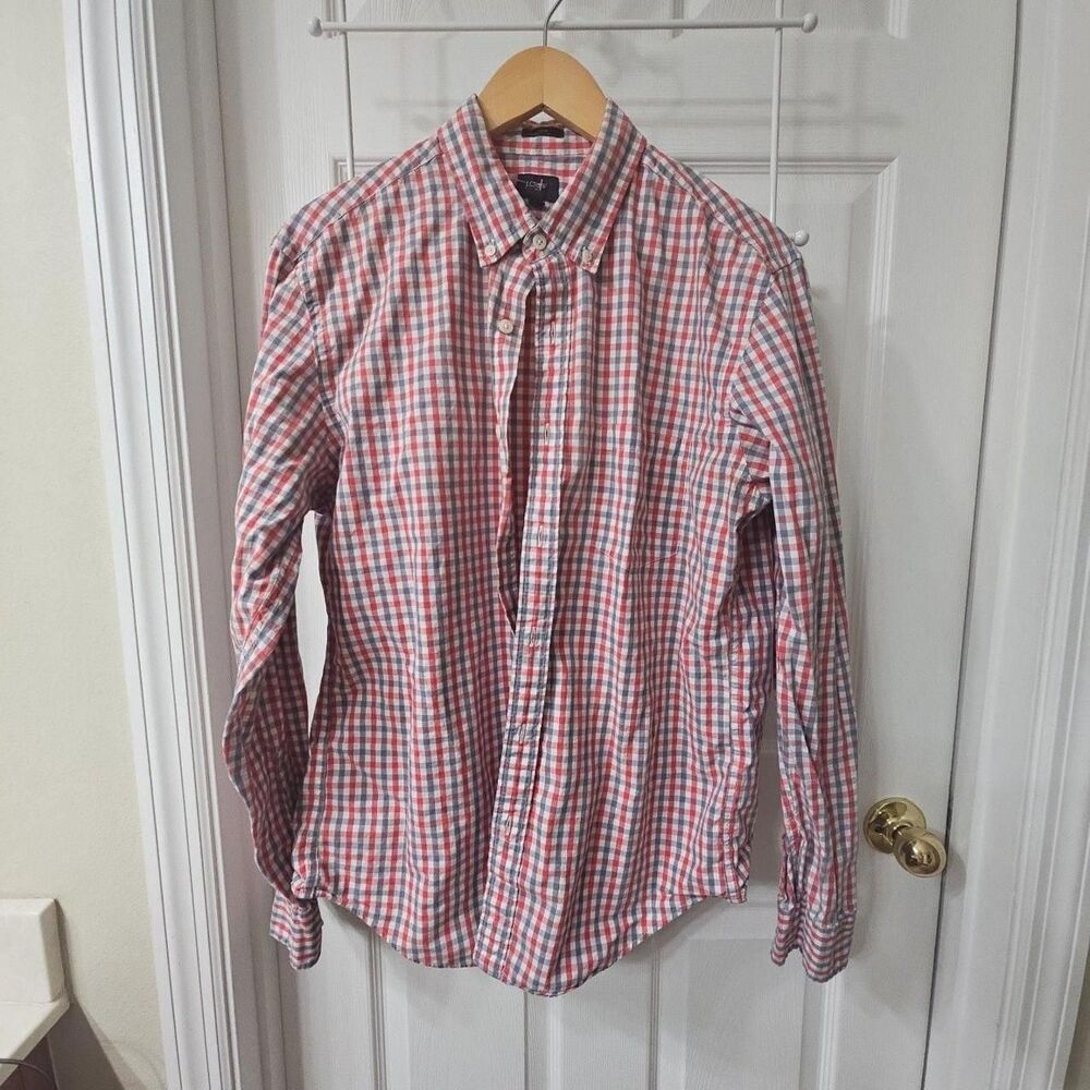 J.Crew Men's Slim Fit Red White and Blue Gingham Button Down Long Sleeve Shirt